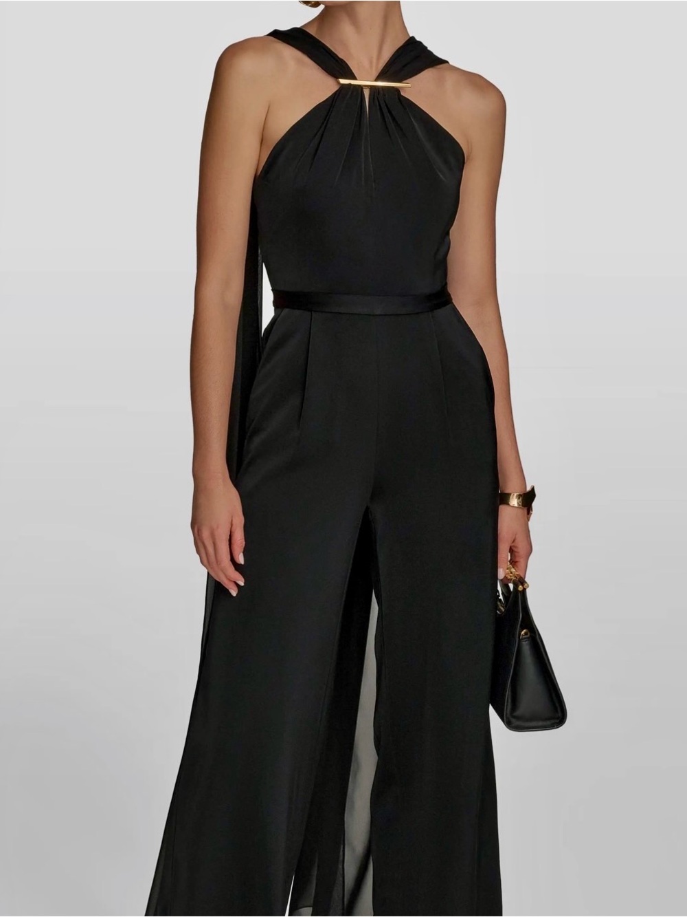 Donna Karan Black Halter Jumpsuit with Gold Neck Bar
